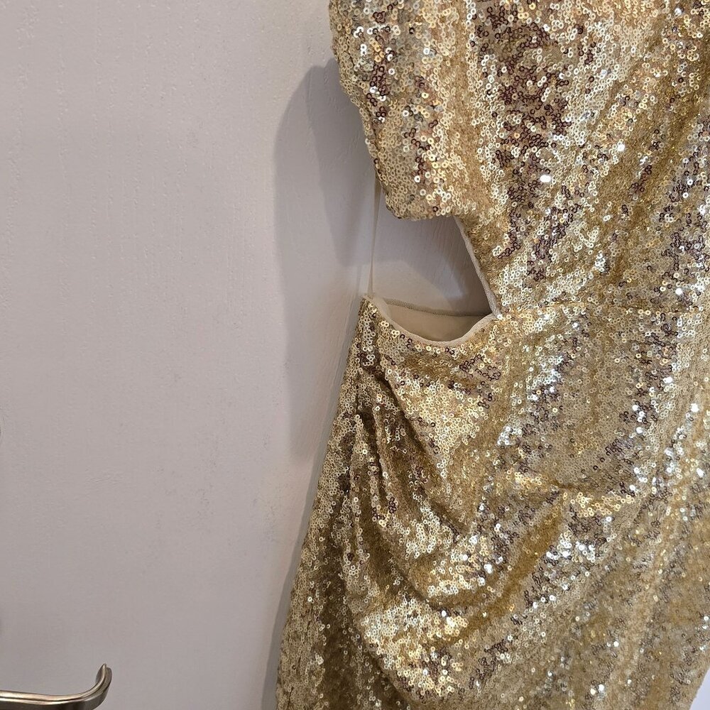 BCBGMAXAZRIA Gold Sequin One-Shoulder Mini Draped Side Cutout XL Holiday Party - Picture 6 of 16